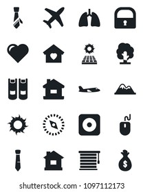 Set of vector isolated black icon - plane vector, book, mouse, tree, house, sun, heart, lungs, rec button, compass, lock, tie, panel, mountains, sweet home, jalousie, money bag