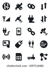 Set of vector isolated black icon - satellite vector, network, chain, rca, sim, data exchange, cellular signal, power plug, wireless, router, home control app, social media