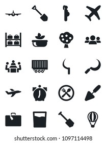 Set of vector isolated black icon - suitcase vector, plane, luggage storage, job, trowel, sickle, pregnancy, truck trailer, alarm, meeting, fruit tree, cafe, drink, salad, group, air balloon