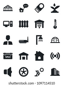 Set of vector isolated black icon - house vector, greenhouse, warehouse, sale, estate agent, fan, irrigation, wireless, router, pc, thermometer, radiator, outdoor lamp, sound, garage gate control