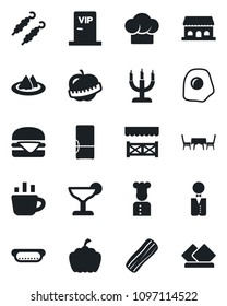Set of vector isolated black icon - coffee vector, pumpkin, diet, fridge, waiter, cook, serviette, hat, cocktail, bacon, cafe building, candle, table, vip zone, alcove, kebab, hamburger, hot dog