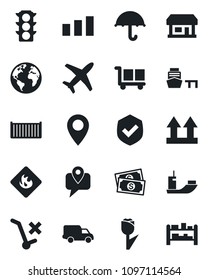 Set of vector isolated black icon - earth vector, pin, store, plane, cash, traffic light, mobile tracking, sea shipping, cargo container, car delivery, port, umbrella, up side sign, no trolley, rack