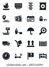 Set of vector isolated black icon - navigation vector, important flag, cash, traffic light, truck trailer, car delivery, clock, term, sea port, container, cargo, umbrella, up side sign, flammable