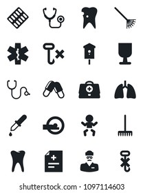 Set of vector isolated black icon - baby vector, rake, bird house, doctor case, diagnosis, stethoscope, dropper, pills, blister, tomography, ambulance star, lungs, tooth, caries, fragile, no hook