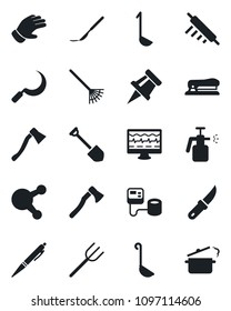 Set of vector isolated black icon - job vector, farm fork, rake, glove, sickle, garden knife, axe, sprayer, monitor pulse, blood pressure, scalpel, share, drawing pin, pen, stapler, ladle, rolling