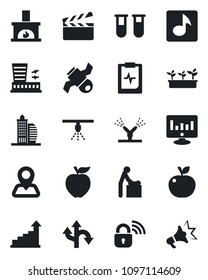 Set of vector isolated black icon - baby room vector, airport building, growth statistic, monitor, seedling, blood test vial, pulse clipboard, route, navigation, satellite, clapboard, music, office
