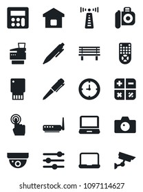 Set of vector isolated black icon - antenna vector, camera, calculator, pen, bench, clock, remote control, touch screen, laptop pc, tuning, notebook, copier, smart home, router, usb flash