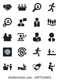 Set of vector isolated black icon - passport control vector, escalator, speaking man, team, manager place, run, doctor, fingerprint id, hr, meeting, estate agent, waiter, consumer search, handshake
