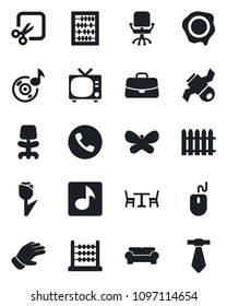Set of vector isolated black icon - cafe vector, phone, tv, office chair, case, abacus, mouse, stamp, fence, glove, butterfly, satellite, tulip, cut, music, cushioned furniture, tie