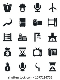 Set of vector isolated black icon - money bag vector, sickle, film frame, tv, video camera, microphone, alarm, abacus, office phone, fireplace, outdoor lamp, fridge, windmill, sand clock