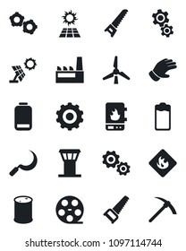 Set of vector isolated black icon - airport tower vector, gear, glove, saw, sickle, flammable, oil barrel, reel, battery, low, windmill, factory, water heater, sun panel, hard work