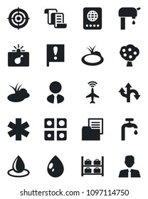 Set of vector isolated black icon - plane radar vector, bomb in case, passport, luggage storage, contract, water drop, pond, ambulance star, route, important flag, folder document, application