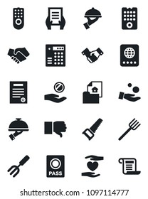 Set of vector isolated black icon - passport vector, handshake, document, garden fork, farm, saw, heart hand, finger down, contract, estate, waiter, remote control, combination lock, investment