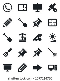 Set of vector isolated black icon - right arrow vector, ladder car, presentation board, drawing pin, job, pencil, garden fork, rake, well, satellite, brightness, plan, phone, pc