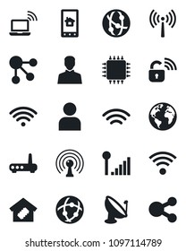 Set of vector isolated black icon - antenna vector, wireless notebook, earth, satellite, network, user, cellular signal, smart home, chip, lock, router, control app, social media