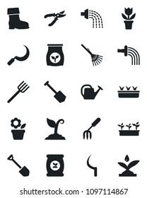 Set of vector isolated black icon - job vector, flower in pot, garden fork, farm, rake, watering can, sproute, pruner, boot, seedling, sickle, fertilizer, irrigation
