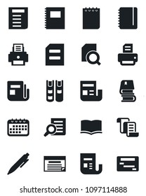 Set of vector isolated black icon - contract vector, book, document search, pen, notepad, printer, news, copybook, calendar, schedule
