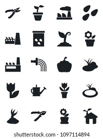 Set of vector isolated black icon - factory vector, flower in pot, seedling, watering can, sproute, pruner, pumpkin, seeds, pond, tulip, eco house