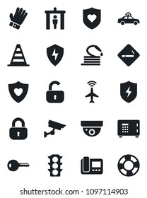 Set of vector isolated black icon - plane radar vector, security gate, smoking place, alarm car, border cone, safe, glove, hose, heart shield, traffic light, protect, key, lock, intercome