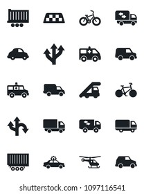 Set of vector isolated black icon - taxi vector, alarm car, ladder, helicopter, ambulance, bike, route, truck trailer, delivery, moving