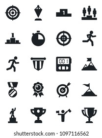 Set of vector isolated black icon - dispatcher vector, pedestal, pennant, medal, run, stopwatch, target, motivation, award cup