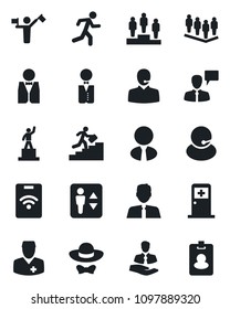 Set of vector isolated black icon - dispatcher vector, elevator, medical room, speaking man, pedestal, team, run, doctor, support, client, career ladder, estate agent, waiter, dress code, pass card