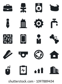 Set of vector isolated black icon - mobile phone vector, gear, office chair, case, mouse, tie, broken bone, pulse clipboard, network, speaker, stapler, house, water supply, city, waiter, chicken