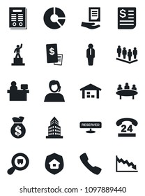 Set of vector isolated black icon - manager vector, pedestal, team, document, meeting, place, circle chart, 24 hours, support, receipt, search cargo, call, office building, contract, warehouse