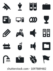 Set of vector isolated black icon - suitcase vector, signpost, book, case, pennant, office binder, mouse, pencil, fragile, flame disk, news, speaker, gamepad, folder, bathroom, plates, rolling pin