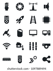 Set of vector isolated black icon - ladder vector, antenna, satellite, speaker, settings, remote control, monitor, mobile camera, wireless, battery, air conditioner, home, chip, web, pc, sun panel