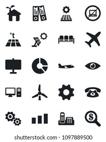 Set of vector isolated black icon - no laptop vector, waiting area, plane, office binder, circle chart, eye, sorting, settings, presentation board, phone, sun panel, windmill, eco house, pc, gear