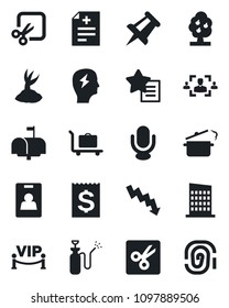 Set of vector isolated black icon - baggage trolley vector, crisis graph, brainstorm, drawing pin, sproute, garden sprayer, diagnosis, receipt, microphone, favorites list, cut, identity card, hr