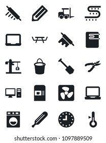 Set of vector isolated black icon - coffee machine vector, fork loader, notebook pc, job, pencil, bucket, pruner, picnic table, drip irrigation, thermometer, clock, laptop, crane, rolling pin, fan