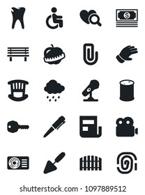 Set of vector isolated black icon - pen vector, trowel, glove, rain, bench, heart diagnostic, disabled, caries, diet, cash, oil barrel, microphone, video, paper clip, news, fence, key, children room