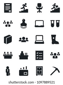 Set of vector isolated black icon - team vector, boot, blood test vial, office chair, blank box, checklist, manager desk, meeting, notebook pc, archive, contract, stamp, career ladder, mail, group