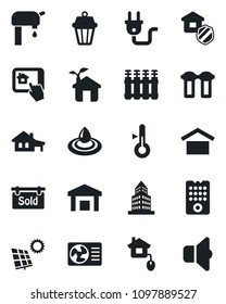 Set of vector isolated black icon - warehouse storage vector, office building, house with garage, sun panel, water supply, sold signboard, estate insurance, home control, eco, power plug, remote