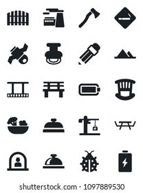Set of vector isolated black icon - smoking place vector, reception bell, factory, lady bug, axe, bench, picnic table, satellite, film frame, battery, pencil, stamp, mountains, fence, children room