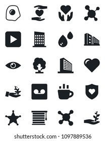 Set of vector isolated black icon - office building vector, coffee, tree, heart, molecule, shield, hand, eye, play button, record, city house, omelette, water, jalousie, police, palm sproute