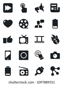 Set of vector isolated black icon - camera vector, film frame, reel, flame disk, radio, loudspeaker, cell phone, touch screen, speaker, finger up, heart, low battery, fast forward, hdmi, record, tv