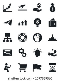 Set of vector isolated black icon - departure vector, arrow up graph, gear, shining head, wallet, money bag, earth, growth, investment, cart, flag, paper plane, schedule, hierarchy, pedestal, tree