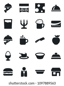 Set of vector isolated black icon - hot cup vector, waiter, dish, reception, drink, beer, egg stand, candle, alcove, credit card, chicken, hamburger, bowl, knife, apple fruit, cheese, storefront