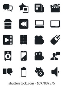 Set of vector isolated black icon - clapboard vector, archive chest, flame disk, news, tv, video camera, cell phone, dialog, speaker, laptop pc, finger down, favorites list, battery, rewind, rca