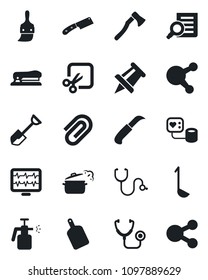 Set of vector isolated black icon - document search vector, drawing pin, shovel, garden knife, axe, sprayer, monitor pulse, stethoscope, blood pressure, share, themes, cut, paper clip, stapler