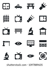 Set of vector isolated black icon - barrier vector, tv, alarm car, seat map, bench, monitor pulse, microscope, eye, torch, plan, alcove, scan