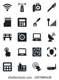 Set of vector isolated black icon - antenna vector, garden fork, bench, satellite, camera, touch screen, laptop pc, radio phone, mobile, calculator, sd, wireless, face id, cellular signal, pen, chip