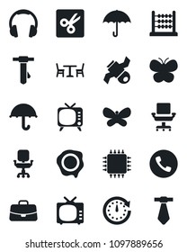 Set of vector isolated black icon - cafe vector, phone, case, tie, stamp, butterfly, satellite, umbrella, tv, headphones, cut, abacus, office chair, chip, clock