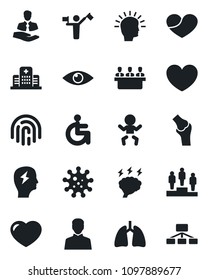 Set of vector isolated black icon - dispatcher vector, baby, pedestal, brainstorm, heart, disabled, lungs, eye, joint, hospital, virus, client, user, fingerprint id, meeting, shining head, hierarchy