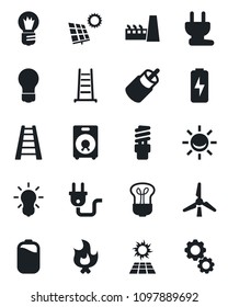 Set of vector isolated black icon - bulb vector, ladder, fire, speaker, rca, battery, charge, sun panel, windmill, factory, power plug, energy saving, alarm led, gear