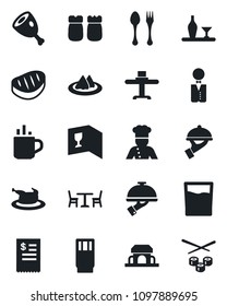 Set of vector isolated black icon - hot cup vector, spoon and fork, cafe, waiter, cook, alcohol, restaurant table, serviette, wine card, drink, salt pepper, building, receipt, chicken, steak, ham