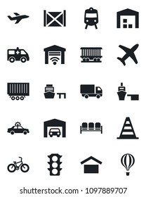Set of vector isolated black icon - train vector, waiting area, alarm car, border cone, ambulance, bike, railroad, plane, traffic light, truck trailer, delivery, sea port, container, garage